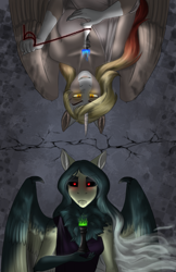 Size: 1083x1669 | Tagged: safe, artist:blackblood-queen, derpibooru import, oc, oc only, oc:life, oc:pandie, alicorn, anthro, pegasus, alicorn oc, anthro oc, chess piece, clothes, fangs, female, glowing eyes, mare, red eyes, smiling