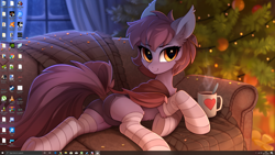 Size: 2560x1440 | Tagged: safe, artist:tomatocoup, artist:yakovlev-vad, derpibooru import, oc, oc only, oc:ventress, bat pony, christmas, christmas tree, clothes, cute, desktop, holiday, present, screenshots, socks, sofa, solo, striped socks, tree