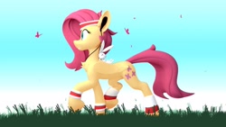 Size: 1920x1080 | Tagged: safe, artist:fluffyrescent, artist:yakovlev-vad, derpibooru import, angel bunny, fluttershy, butterfly, pegasus, pony, 3d, blender eevee, grass, headphones, jogging, morning, sweatband