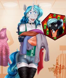 Size: 889x1053 | Tagged: safe, artist:blackblood-queen, derpibooru import, oc, oc only, oc:bubble lee, oc:mako, anthro, earth pony, hybrid, orca pony, original species, unicorn, anthro oc, chibi, clothes, couple, female, jewelry, makolee, male, money, necklace, oc x oc, shipping, shopping, shorts, smiling, stockings, story in the source, straight, thigh highs