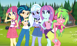 Size: 1484x884 | Tagged: safe, artist:sunsetshimmer333, artist:themexicanpunisher, edit, indigo zap, lemon zest, sour sweet, sugarcoat, sunny flare, equestria girls, legend of everfree, clothes swap, crystal prep shadowbolts, headphones, shadow five