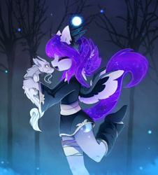 Size: 1402x1550 | Tagged: safe, artist:magnaluna, derpibooru import, princess luna, oc, oc:zefiroth, alicorn, anthro, dragon, clothes, cute, dragon oc, eyes closed, female, holding, mare, night, open mouth, open smile, outdoors, shoes, smiling, tree