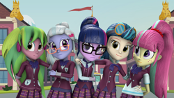 Size: 1920x1080 | Tagged: safe, artist:majorrainbow, indigo zap, lemon zest, sci-twi, sour sweet, sugarcoat, twilight sparkle, equestria girls, 3d, 3d model, canterlot high, clothes, crystal prep academy uniform, crystal prep shadowbolts, headphones, school uniform, shadow five, source filmmaker