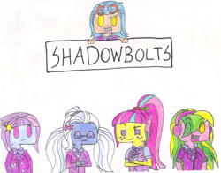 Size: 3208x2513 | Tagged: safe, artist:sapphire42, indigo zap, lemon zest, sour sweet, sugarcoat, sunny flare, equestria girls, banner, chibi, clothes, crossed arms, crystal prep academy uniform, crystal prep shadowbolts, goggles, school uniform, shadow five, traditional art