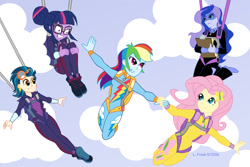 Size: 1200x800 | Tagged: safe, artist:wom-bat, fluttershy, indigo zap, princess luna, rainbow dash, sci-twi, twilight sparkle, vice principal luna, equestria girls, friendship games, clipboard, clothes, commission, falling, goggles, holding hands, jumpsuit, panic, parachute, skydiving