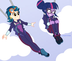 Size: 950x800 | Tagged: safe, artist:wom-bat, indigo zap, sci-twi, twilight sparkle, equestria girls, friendship games, clothes, commission, falling, glasses, jumpsuit, panic, parachute, skydiving