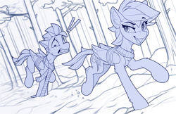 Size: 2300x1492 | Tagged: safe, artist:yakovlev-vad, derpibooru import, rainbow dash, oc, oc:skittle, pegasus, pony, clothes, duo, exclamation point, falling, monochrome, patreon, patreon reward, running, scarf, sketch, snow