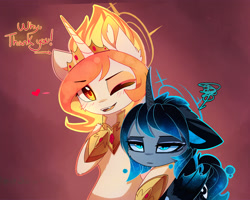 Size: 1280x1024 | Tagged: safe, artist:magnaluna, derpibooru import, princess celestia, princess luna, alicorn, pony, alternate design, alternate universe, bat wings, blushing, duo, fangs, female, hoof shoes, lidded eyes, luna is not amused, mare, siblings, side hug, sisters, unamused