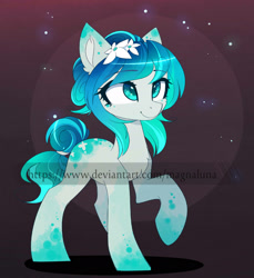 Size: 1634x1786 | Tagged: dead source, safe, artist:magnaluna, derpibooru import, oc, oc only, oc:azurita edelstein, earth pony, pony, adoptable, advertisement, auction, digital art, ear fluff, eye clipping through hair, female, flower, flower in hair, gradient hooves, mare, obtrusive watermark, one hoof raised, smiling, solo, watermark