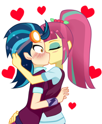 Size: 1160x1400 | Tagged: safe, artist:jadoc-san, indigo zap, sour sweet, equestria girls, friendship games, blushing, bracelet, butt grab, butt touch, clothes, crystal prep academy, crystal prep academy uniform, crystal prep shadowbolts, eyes closed, female, goggles, grope, hand on butt, heart, kissing, lesbian, love, school uniform, shipping, sourzap