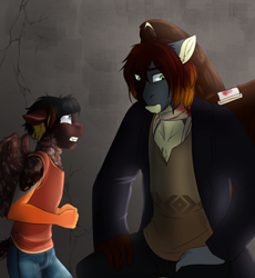 Size: 2036x2213 | Tagged: safe, artist:blackblood-queen, derpibooru import, oc, oc only, oc:daniel dasher, oc:dusk flare, anthro, dracony, hybrid, pegasus, anthro oc, bandage, blood, clothes, coat, crying, father and child, father and son, floppy ears, male, parent and child, shirt, stallion