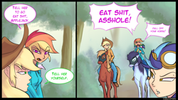 Size: 1190x665 | Tagged: safe, artist:kanashiipanda, applejack, big macintosh, indigo zap, rainbow dash, soarin', horse, human, equestria girls, comic, dialogue, floppy ears, frown, glare, goggles, gritted teeth, gyro zeppeli, horsebackriding, hot pants, humanized, humans riding horses, johnny joestar, jojo's bizarre adventure, male, mask, open mouth, parody, raised eyebrow, riding, slow dancer, species swap, speech bubble, steel ball run, valkyrie, vulgar, yelling