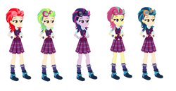 Size: 1376x710 | Tagged: safe, part of a series, part of a set, indigo zap, equestria girls, friendship games, blue, clothes, crystal prep academy uniform, goggles, green, palette swap, purple, recolor, red, school uniform, yellow