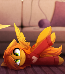 Size: 1101x1252 | Tagged: safe, artist:magnaluna, derpibooru import, oc, oc only, oc:camber, pegasus, pony, behaving like a cat, clothes, cute, fainting goat, female, heart, mare, ocbetes, scrunchy face, silly, silly pony, sofa, solo focus, sweater, yarn, ych result