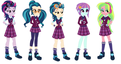 Size: 1154x612 | Tagged: safe, indigo zap, lemon zest, sugarcoat, sunny flare, equestria girls, friendship games, bedroom eyes, bowtie, bracelet, clothes, crystal prep academy uniform, ear piercing, earring, glasses, goggles, hand on butt, hand on hip, hands behind back, headphones, jewelry, palette swap, piercing, recolor, school uniform, shoes, socks