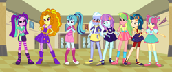 Size: 7141x3000 | Tagged: safe, artist:limedazzle, artist:themexicanpunisher, artist:theshadowstone, adagio dazzle, aria blaze, indigo zap, lemon zest, sonata dusk, sour sweet, sugarcoat, sunny flare, equestria girls, absurd resolution, alternate universe, boots, canterlot high, clothes, door, glasses, good, shadow five, the dazzlings, wondercolts