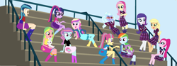 Size: 2027x758 | Tagged: safe, artist:diana173076, applejack, dean cadance, fluttershy, indigo zap, lemon zest, pinkie pie, princess cadance, rainbow dash, rarity, sci-twi, sour sweet, spike, spike the regular dog, sugarcoat, sunny flare, twilight sparkle, dog, equestria girls, alternate universe, bleachers, boots, clothes, crystal prep academy uniform, crystal prep shadowbolts, high heel boots, mane seven, mane six, school uniform, shadow six, shoes, socks, wondercolts