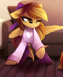 Size: 1020x1252 | Tagged: safe, artist:magnaluna, derpibooru import, oc, oc only, oc:joycie, pegasus, pony, biting, bow, clothes, cute, female, hair bow, heart, mare, ocbetes, one eye closed, sofa, solo focus, sweater, ych result