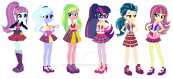 Size: 1024x469 | Tagged: safe, artist:lovemonsterhigh123, indigo zap, lemon zest, sci-twi, sour sweet, sugarcoat, sunny flare, twilight sparkle, equestria girls, alternate hairstyle, crossed arms, crystal prep shadowbolts, ponytail, school spirit, simple background, white background