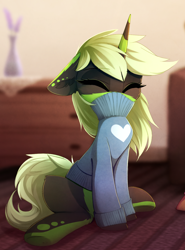 Size: 928x1252 | Tagged: safe, artist:magnaluna, derpibooru import, oc, oc only, oc:serenity, pony, unicorn, behaving like a cat, clothes, cute, eyes closed, female, heart, mare, ocbetes, sofa, solo focus, sweater, turtleneck, vest, ych result