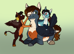 Size: 2671x1956 | Tagged: safe, artist:blackblood-queen, derpibooru import, oc, oc only, oc:annie belle, oc:benny duke, oc:daniel dasher, dracony, hybrid, pegasus, pony, unicorn, glasses, gradient background, leonine tail, one eye closed, prone, siblings, smiling