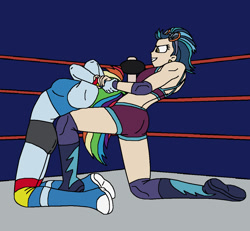 Size: 1184x1096 | Tagged: safe, artist:avispaneitor, indigo zap, rainbow dash, equestria girls, clothes, equestria girls wrestling series, midriff, sports bra, wrestling