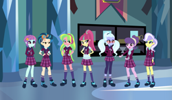 Size: 1785x1037 | Tagged: safe, artist:eli-j-brony, indigo zap, lemon zest, sour sweet, sugarcoat, sunny flare, suri polomare, upper crust, equestria girls, clothes, crystal prep academy uniform, crystal prep shadowbolts, headphones, school uniform, shadow five