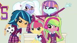 Size: 1169x653 | Tagged: safe, artist:starshine9, indigo zap, lemon zest, sour sweet, sugarcoat, sunny flare, equestria girls, friendship games, clothes, crystal prep academy uniform, crystal prep shadowbolts, cute, football, group photo, school uniform, smiling, sports