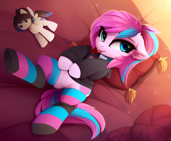 Size: 3475x2879 | Tagged: safe, artist:magnaluna, derpibooru import, oc, oc only, oc:ice energy, oc:panda shade, pony, clothes, commission, female, hoodie, mare, plushie, shadenergy, solo, sweater, tongue out, ych result