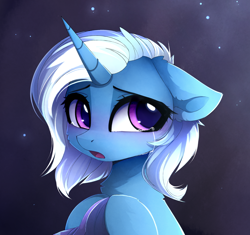 Size: 1280x1201 | Tagged: safe, artist:magnaluna, derpibooru import, trixie, pony, unicorn, bust, cheek fluff, chest fluff, clothes, crying, cute, diatrixes, ear fluff, female, floppy ears, fluffy, hat, holding, horn, looking at you, mare, night, open mouth, sad, sadorable, solo, starry night, tearjerker, trixie's hat, white mane
