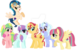 Size: 900x585 | Tagged: safe, artist:pencillspark, indigo zap, lemon zest, sour sweet, sugarcoat, sunny flare, sunset shimmer, pony, equestria girls, alternate mane six, alternate universe, equestria girls ponified, ponified, sunset mane six, watermark