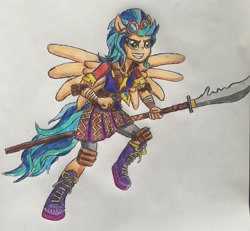 Size: 2331x2151 | Tagged: safe, artist:bozzerkazooers, indigo zap, equestria girls, feminism, guandao, kung fu, ponied up, solo, spear, traditional art, weapon