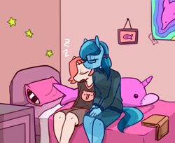 Size: 726x592 | Tagged: safe, artist:redxbacon, derpibooru import, oc, oc only, oc:coral, oc:historia, anthro, crystal pony, age difference, cute, female, lesbian, oc x oc, pink, shipping, sleeping