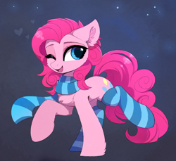 Size: 1280x1172 | Tagged: safe, artist:magnaluna, derpibooru import, pinkie pie, earth pony, pony, chest fluff, clothes, cute, diapinkes, female, one eye closed, scarf, simple background, smiling, socks, solo, striped socks, wink