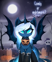 Size: 1024x1206 | Tagged: safe, artist:magnaluna, derpibooru import, princess luna, alicorn, bat pony, bat pony alicorn, pony, alternate hairstyle, choker, clothes, crown, cute, dialogue, female, full moon, goth, gothic, halloween, holiday, jewelry, lunabetes, mare, moon, mouth hold, night, night sky, pumpkin bucket, regalia, sky, socks, solo, spiked choker, spread wings, stars, trick or treat, wings