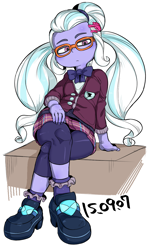 Size: 812x1329 | Tagged: safe, artist:nekubi, sugarcoat, equestria girls, clothes, crystal prep academy uniform, female, glasses, pigtails, school uniform, sitting, skirt, solo, twintails