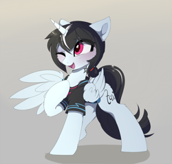 Size: 1280x1219 | Tagged: safe, artist:magnaluna, derpibooru import, oc, oc only, alicorn, pony, alicorn oc, blushing, clothes, cute, female, gradient background, mare, one eye closed, open mouth, shirt, wink