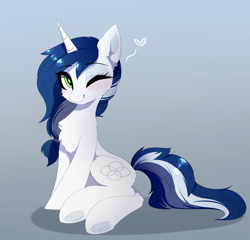 Size: 1280x1230 | Tagged: safe, artist:magnaluna, derpibooru import, oc, oc only, oc:muffinkarton, pony, unicorn, blushing, female, gradient background, heart, mare, one eye closed, smiling, wink