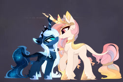 Size: 1280x849 | Tagged: safe, artist:magnaluna, derpibooru import, princess celestia, princess luna, kirin, pony, :p, boop, chest fluff, cute, cutelestia, duo, duo female, ear fluff, eye contact, eyeshadow, female, fluffy, frown, glare, gray background, hoof fluff, horns are touching, kirin-ified, leg fluff, leonine tail, lidded eyes, looking at each other, lunabetes, makeup, mare, nightmare luna, noseboop, pink-mane celestia, royal sisters, scales, siblings, sillestia, silly, simple background, sisters, size difference, slit eyes, smiling, smirk, species swap, tail fluff, tail wrap, tongue out, unamused, unshorn fetlocks