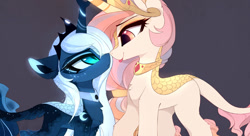 Size: 1280x694 | Tagged: safe, artist:magnaluna, derpibooru import, princess celestia, princess luna, kirin, :p, cute, cutelestia, duo, eye contact, female, gray background, kirin-ified, looking at each other, luna is not amused, lunabetes, mare, royal sisters, silly, simple background, smiling, species swap, tongue, tongue out