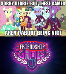 Size: 602x682 | Tagged: safe, edit, edited screencap, screencap, applejack, fluttershy, indigo zap, neon lights, rainbow dash, rising star, sugarcoat, sunny flare, equestria girls, friendship games, canterlot high, caption, competition, gym, image macro, irony, meme