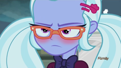 Size: 848x478 | Tagged: safe, edit, edited screencap, screencap, sugarcoat, equestria girls, friendship games, annoyed, blushing, cute, discovery family logo, pigtails, solo, sugarcoat is not amused, sugarcute, tsundere, tsunderecoat, twintails