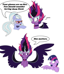 Size: 600x698 | Tagged: safe, artist:mlpdarksparx, midnight sparkle, sci-twi, sugarcoat, twilight sparkle, twilight sparkle (alicorn), equestria girls, friendship games, dialogue, equestria girls ponified, ponified, spread wings