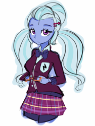 Size: 600x800 | Tagged: safe, artist:jovalic, sugarcoat, equestria girls, friendship games, clothes, female, glasses off, pigtails, school uniform, simple background, solo, sugarcute, white background