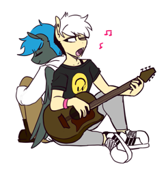 Size: 631x640 | Tagged: safe, artist:redxbacon, derpibooru import, oc, oc only, oc:jade shine, oc:note clip, anthro, pegasus, plantigrade anthro, boots, bracelet, clothes, guitar, hoodie, jewelry, music notes, shirt, shoes, singing, sneakers, t-shirt