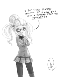 Size: 1678x2100 | Tagged: safe, artist:manic-the-lad, sugarcoat, equestria girls, friendship games, monochrome, no sugar added, pigtails, solo, sugarbitch, vulgar