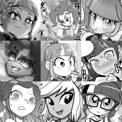 Size: 750x750 | Tagged: safe, artist:k-nattoh, applejack, pinkie pie, rarity, sci-twi, sour sweet, sugarcoat, sunny flare, twilight sparkle, equestria girls, drums, grayscale, japanese, monochrome, shadow six