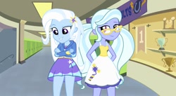 Size: 1208x662 | Tagged: safe, artist:kevintoons915, sugarcoat, trixie, equestria girls, friendship games