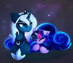 Size: 2637x2274 | Tagged: safe, artist:magnaluna, derpibooru import, princess luna, twilight sparkle, alicorn, pony, cuddling, cute, duo, female, lunabetes, mare, prone, tail hug, twiabetes