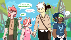 Size: 1101x619 | Tagged: safe, artist:redxbacon, derpibooru import, oc, oc only, oc:coral, oc:note clip, oc:orca, oc:pixel bite, anthro, dialogue